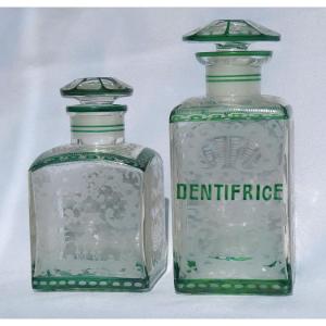 Pair Of Bohemian Glass Bottles Napoleon III Period Enameled Engraved, Toothpaste / Perfume