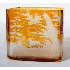 Bohemian Crystal Vase, Deer And Hare Decor, Amber Honey Color, 19th Napoleon III 