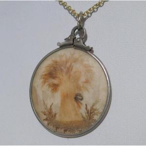 Napoleon III Period Medallion, Hair Embroidery, 19th Century Souvenir Jewelry, Pendant, Jewel