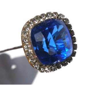 Large Hat Pin Art Nouveau Period, Blue Sapphire & Rhinestones, Hair Jewelry 1900