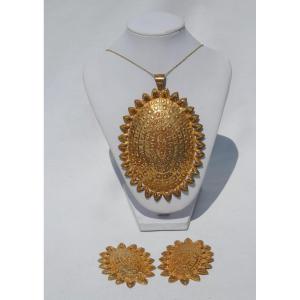 Vermeil Silver Set, Berber Ethnic Jewelry, Pendant And Earrings, 1930 