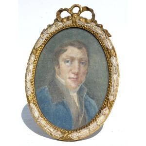 Portrait Of Dandy Around 1830, Watercolor In Its Louis XVI Frame, 19th Century Miniature, Man 