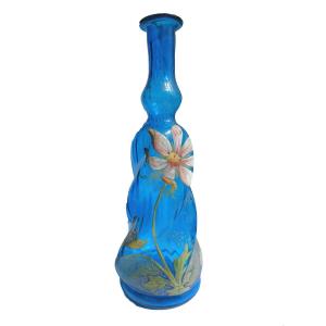 Enameled Glass Carafe, Theodore Legras, Art Nouveau Decor, 19th Century Dahlia, Turkish Blue