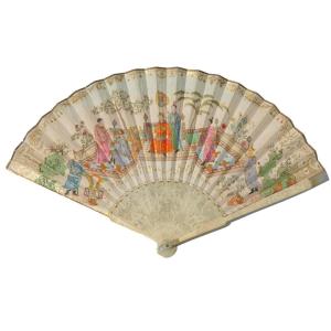 Large Fan Napoleon III Period, 18th Century Gouache Style With Chinese Decor, Carved Mother-of-pearl