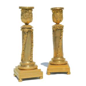 Pair Of Candlesticks In Gilt Bronze, Louis XVI Period Laurel Decor, Neo Classical Candlesticks