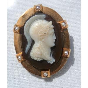 Cameo Brooch Napoleon III Period Gold Antique Profile, 19th Century Jewelry, Mythology, Achilles Warrior
