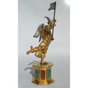 Saint Michael In Gilded Bronze & Hard Stones, 17th Century Period, Religious Subject Angel Italy