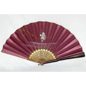 1890s Fan, Belle Epoque, Pierrot Decor, 19th Century, Oil On Wine-coloured Silk
