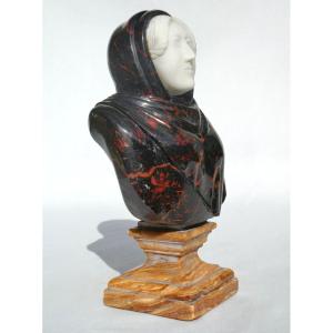 Bust Of A Young Woman, Souvenir Of The Grand Tour, Marquetry Of Hard Stones, Marbles, 19th Century Antique