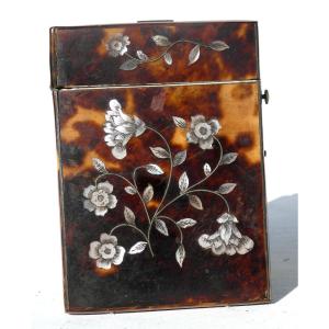 Business Card Holder Case, Napoleon III Period, 19th Century, Tortoiseshell & Mother-of-pearl, Flowers & Foliage