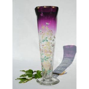 Large Cornet Vase In Enameled Glass, Theodore Legras, Amethyst, Art Nouveau Period 1900 19th Century