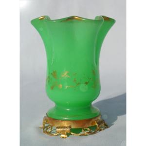 Green Opaline Vase, Napoleon III Period, Gilded Brass Frame, Green, 19th Century, Tealight Holder