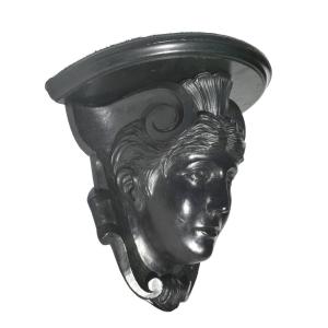 Large Wall Console, Woman's Head, Napoleon III Period, Blackened Wood; 19th Century Caryatid