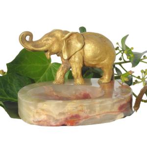 Gilt Bronze, Marble, Elephant Trunk Raised, Circa 1920, Animal Subject