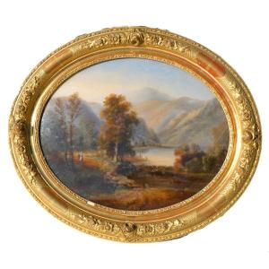 Painting Fixed Under Glass, Napoleon III Period, Countryside Landscape, Figures In The Mountains
