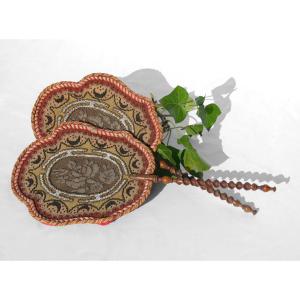 Pair Of Napoleon III Period Face Shields, Hand Fan, 19th Century Flame Shield Embroidery
