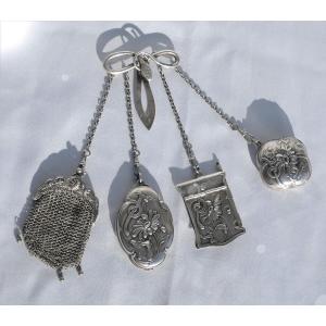 Chatelaine In Solid Silver, Art Nouveau Period, 1900 Dance Card Reticle, Mirror Powder Compact