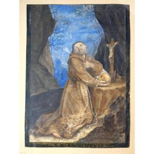 Religious Gouache, 18th Century, Saint Francis Of Assisi In Meditation Crane Vanity
