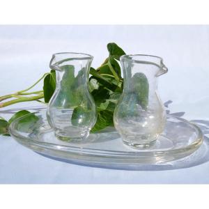 Pair Of 18th Century Cruets, Liturgical Object, Church, Blown Glass Tray