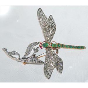 Large Art Nouveau Brooch, Dragonfly Decor, Gustave Sandoz, Gold Diamonds Emeralds Rubies 