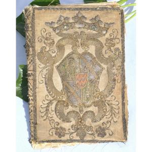 18th Century Binding Cover, Embroidered Silk, Marquis' Crown, Coat Of Arms, Book
