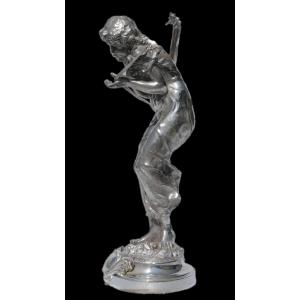Silver Bronze Sculpture, The Chilly One, I Sang Signed Alexandre Etienne Stella 19th Century Woman