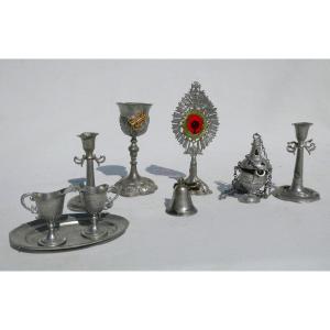 Antique Miniature Mass Game From The 1900s, Toy, Chalice, Monstrance, Reliquary, Cruets