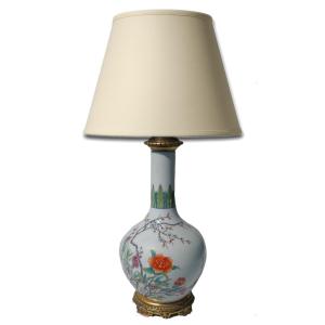 Chinese Porcelain Lamp, Polychrome Flower Decor, 19th Century Gilt Bronze Frame, China