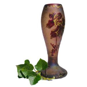 Baluster Vase In Acid-etched Glass, Montjoye, Art Nouveau Style, Enamel, Legras 19th Century