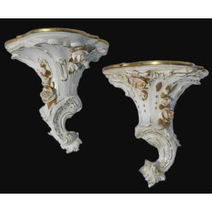 Pair Of German Porcelain Consoles, 18th Century Style, Sitzendorf / Thuringia 19th Century 