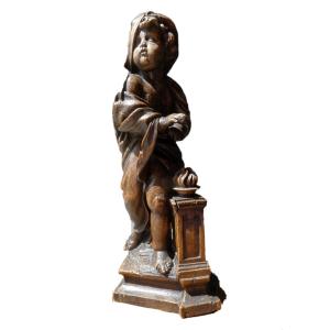 18th Century Wooden Sculpture, Putto, Allegory Of Winter, Carved Oak, Child With Fire Pot