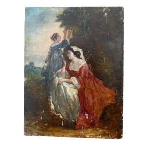 19th Century Painting, Oil On Wood Panel, 18th Century Style, Two Women With Makeup