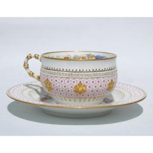 Sevres Porcelain Tea Cup, Flower Decoration, Napoleon III Period, 19th Century, Bamboo