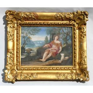 18th Century Religious Gouache – Saint John The Baptist In An Arcadian Landscape – Period Gilded Frame