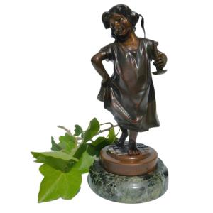 Bronze Sculpture Of A Young Girl With A Candlestick, Good Evening, 19th Century Candlestick, Child Lucien Alliot