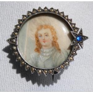 Silver, Sapphire & Pearl Brooch, 1900s, Photo Holder, Miniature Portrait, Watercolor