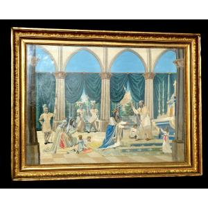 Large Needlepoint Painting, Embroidery On Silk & Gouache, 19th Century, Troubadour Style, Charles X