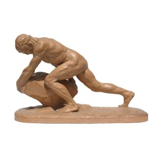 Large Terracotta Group Art Deco Period, Nude Man Signed Bargas, 1920, Strength