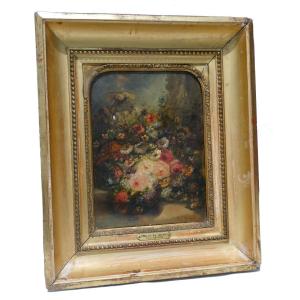 Oil On Canvas Bouquet Of Flowers, Napoleon III Period Signed Hippolyte Ballue Diaz 19th Century