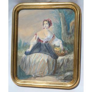Watercolor Period 1840 Young Woman With Basket 19th Century, Portrait Of An Elegant, Giltwood Napoleon III