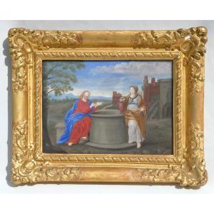 Religious Gouache 18th Century, The Meeting Between Jesus And The Samaritan Woman At The Well, Painting 1700
