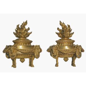 Pair Of Fire Pots / Incense Burners, Gilt Bronze, Louis XVI Style, 18th Century, Ram's Head