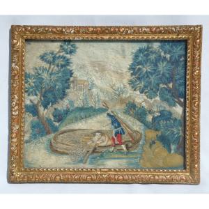 Framed Silk Embroidery From Nancy, 18th Century, Needlepoint Painting, France, Gilded Wood Frame, 1800