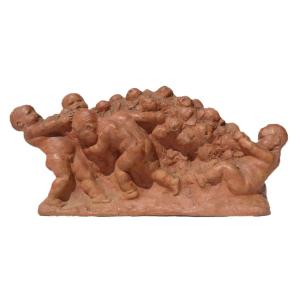 Terracotta Sculpture, Group Of Putti, Art Deco Period Signed Joseph Witterwulghe