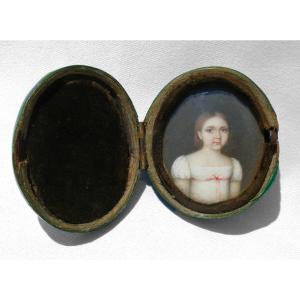 Portrait Of A Young Girl, First Empire Period, Shagreen Case, Miniature, 1800, Child
