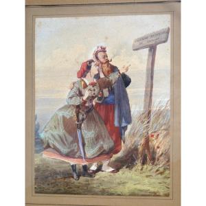 Watercolor Napoleon III Period Comic Scene, Zouave & Crinoline Dress, Honoré Daumier Style