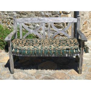 Large Napoleon III Style Bench Cushion, Copper & Green Jacquard, Prelle Trimmings 