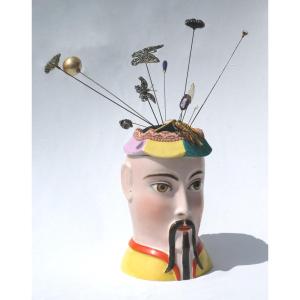 Hat Pin Holder, Chinese Head, Limoges Porcelain, 1900, Tea/tobacco Box