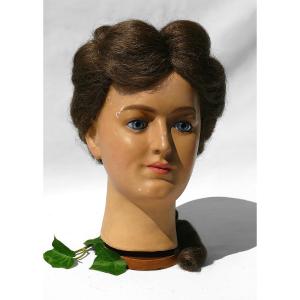 Late 19th Century Marotte, Papier Mache Mannequin Head, Sulphide Eyes, Stockman Wig