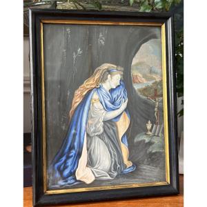 Religious Gouache, 18th Century, Saint Mary Magdalene Penitent 1700